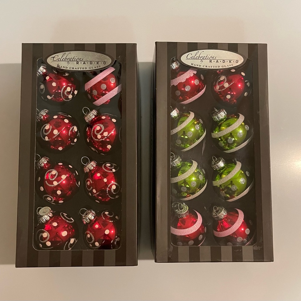 Radko Celebrations Retro Red Green Poka Dots 2011 Ornaments 2-BOXES / LOT 16